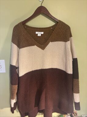 Natural Reflections Brown & Cream Striped V-Neck Sweater XL